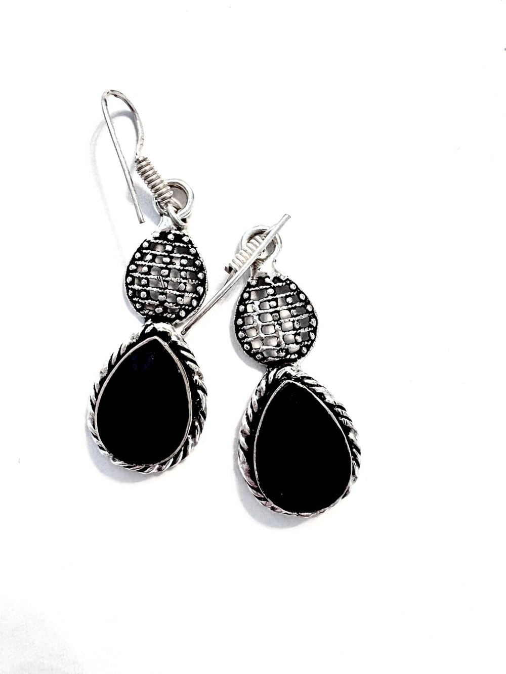 Beautiful, 2 inch, 925 marked, faceted, black Onyx earrings .